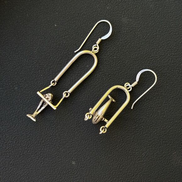 Vintage Sterling Silver Dolphin Dangle Earrings 925 Spinning Charm Long Drop - Picture 5 of 6